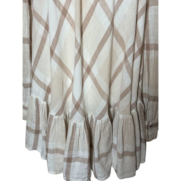 FREE PEOPLE Womens Peppy Plaid M Tunic Shirt White Brown Button Up Back Ruffle - Picture 6 of 13
